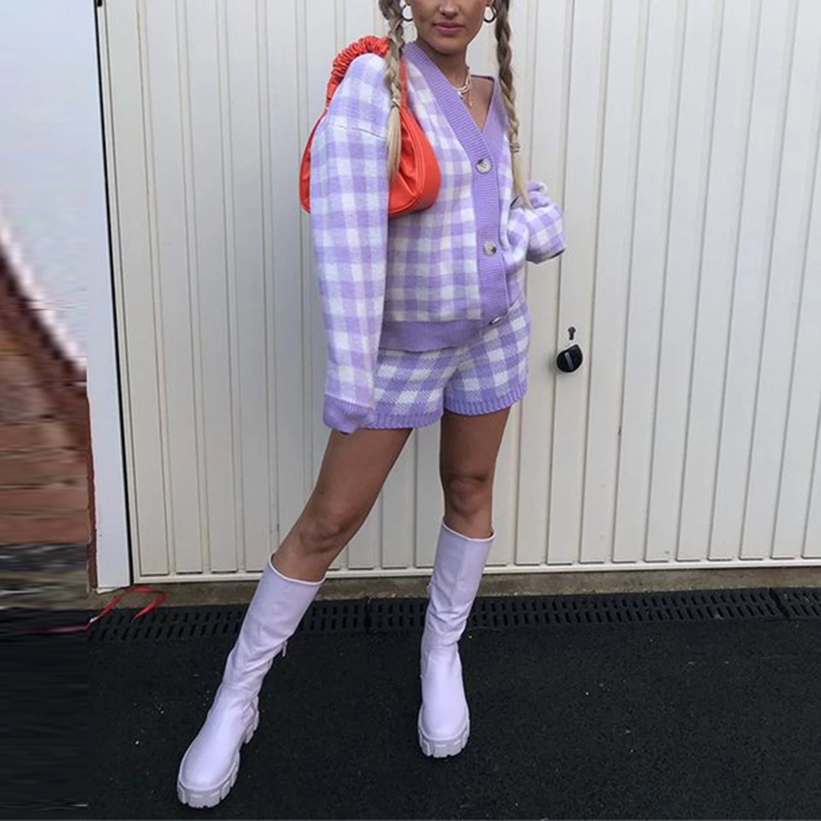 

2Pcs Women Tracksuit, Plaid V-Neck Long Sleeves Button-Open Knit Cardigan + Shorts Suit for Girls, Purple