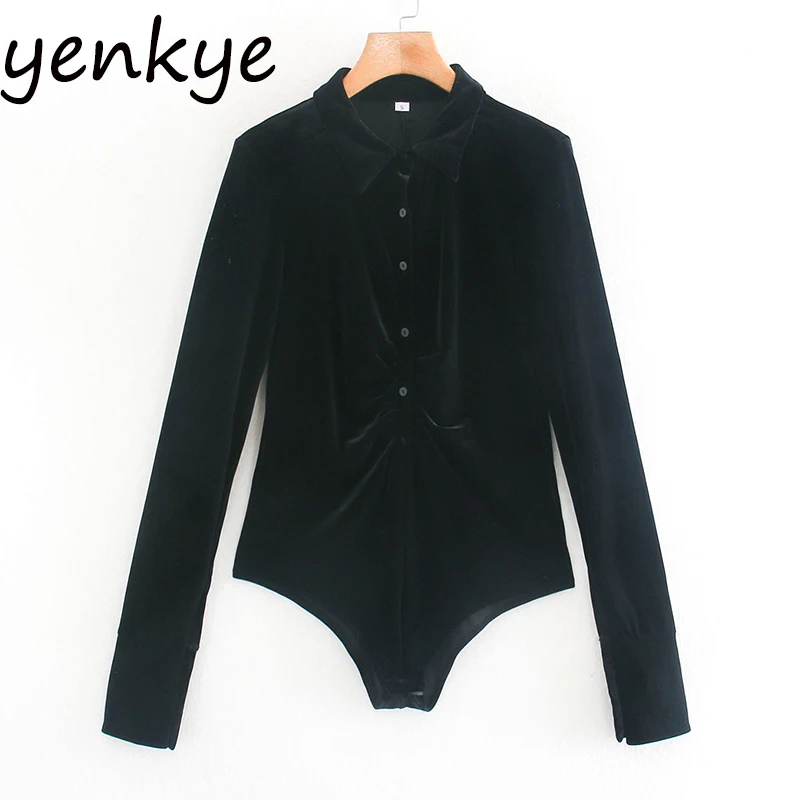 

New Fashion Women Vintage Black Velvet Bodysuit Front Draped Long Sleeve Casual Body Femme Spring Autumn Playsuit Tops