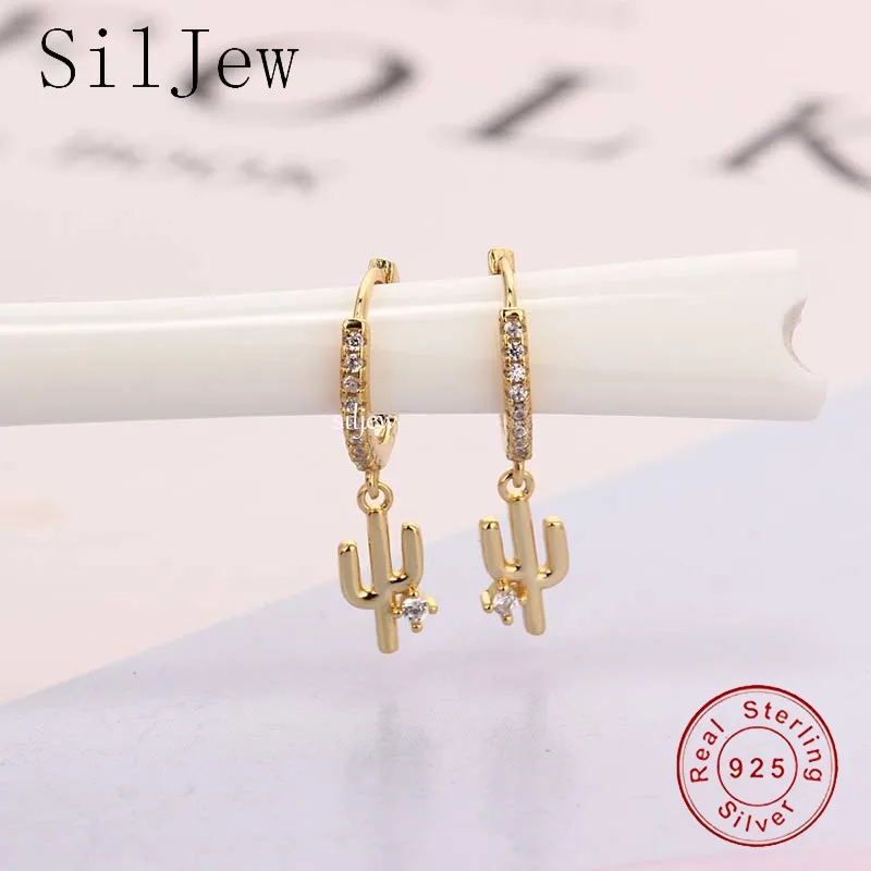 

SilJew 925 Sterling Silver Gold Cactus Dangle Crystal CZ Drop Earring Piercing Luxury Zircon Rock Punk European Jewelry Brincos