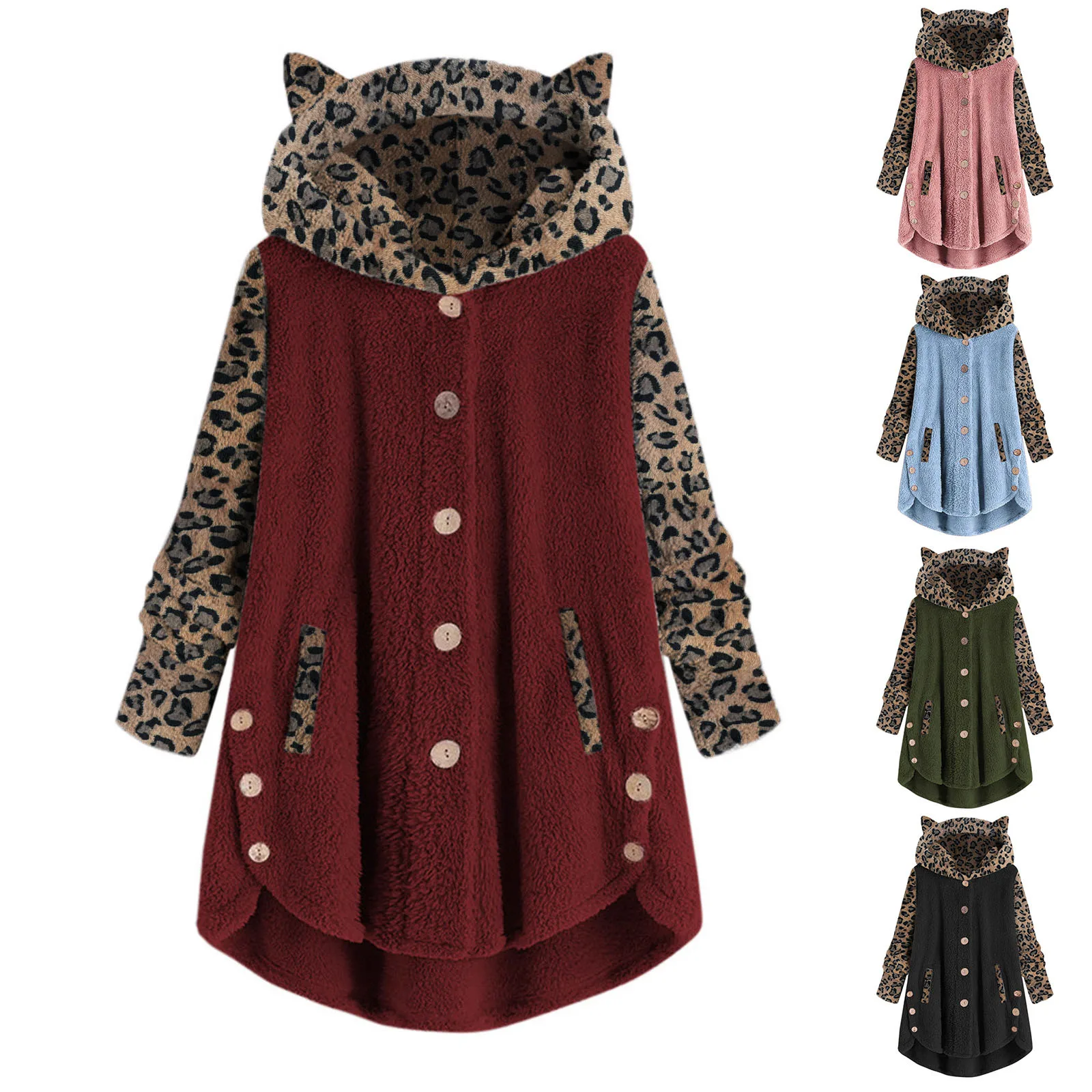 

Ladies Casual Leopard Print Patchwork Button Down Pocket Long Sleeve Hooded with Ear Coat Loose Cute Teen Girls Jacket