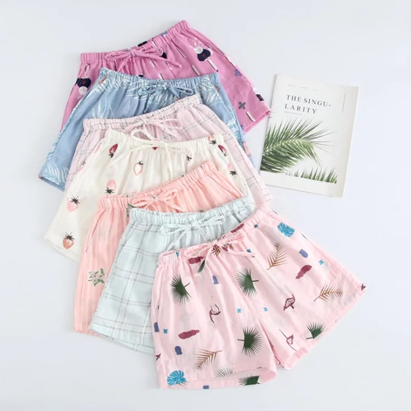 

Women Sleep Short Pants Cotton Gauze Pajamas Summer Home Beach Bottoms Lounge Sleepwear Loose Large Size Printing