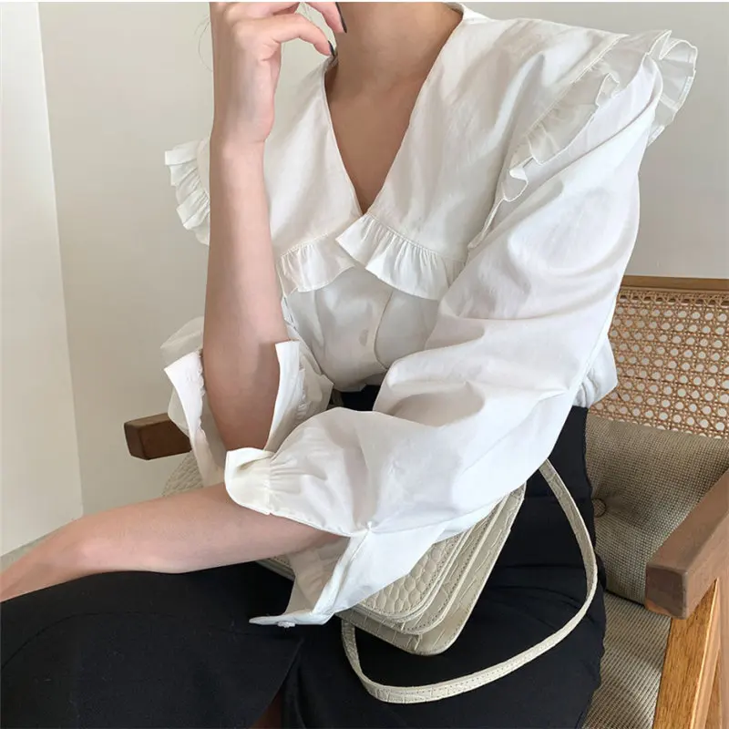 

HziriP Casual Ruffles Tops Blouses Solid Chic Office Lady 2021 Gentle Shirts Vintage Women OL Elegance Loose All Match Clothe