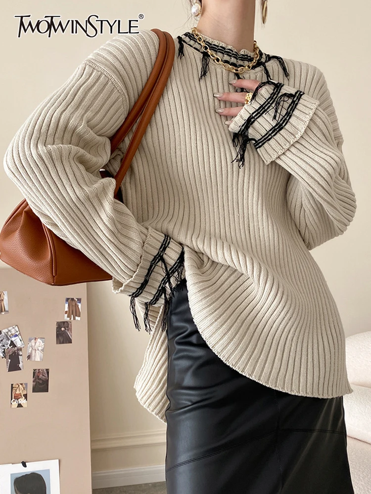 

Женский трикотажный свитер TWOTWINSTYLE, осенний, черный, Повседневный свитер с круглым вырезом и длинными рукавами, 2021