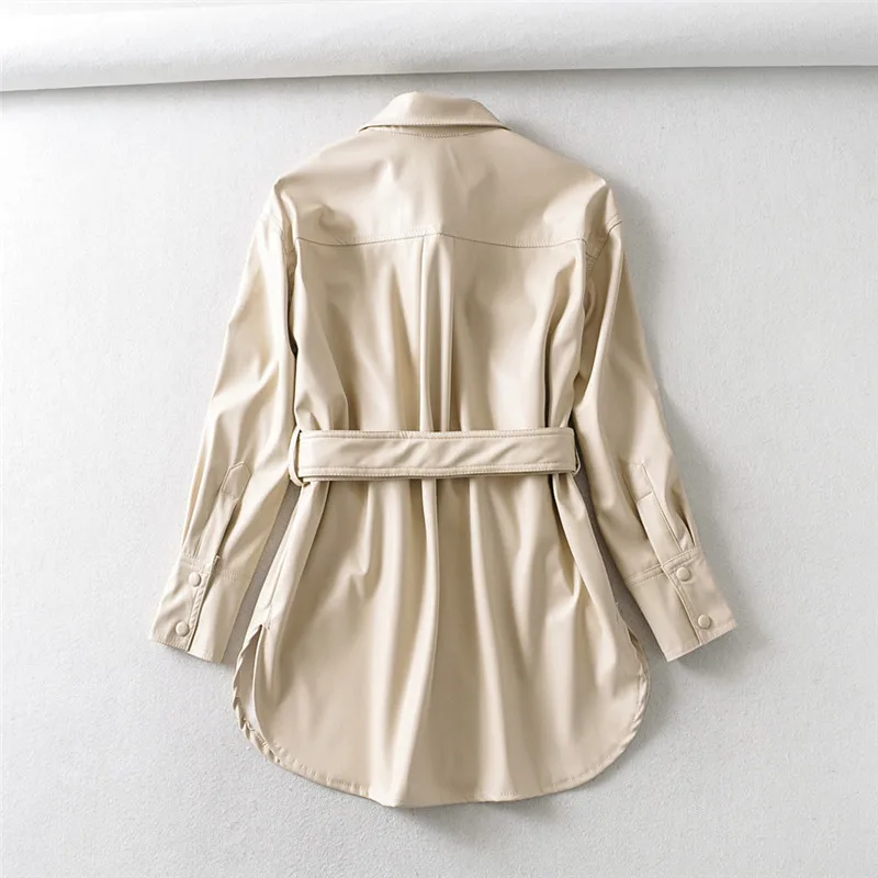 

Women PU Leather Jackets Lady Long Autumn Jacket Fashion Coat Female Casual Outerwear Elegant Tie Belt Waist Pockets Coats FL006