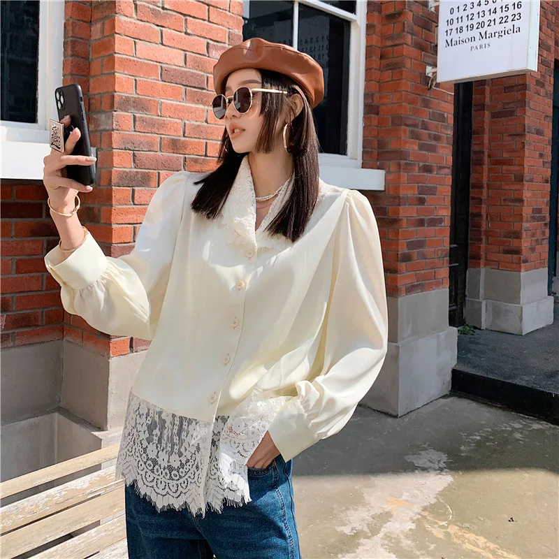 

LANMREM Women Beige Big Size Lace Blouse Lapel Long Sleeve Loose Fit Lady Shirt Fashion Tide Summer 2021 New Arrivals 2E1692