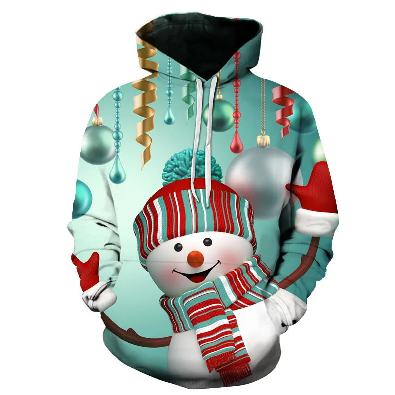 

Мужская и Женская толстовка с капюшоном, Осенний пуловер в стиле хип-хоп с 3D-принтом Санта-Клауса и снеговика, 2021