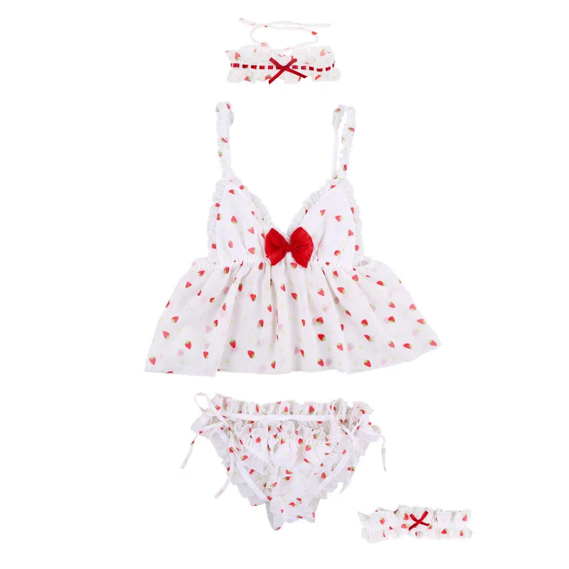 

Women Lingerie V-Neck Nightie Strawberry Print Cute Cami Crop Top Briefs Woman Pajamas Summer Sleepwear Sexy Chiffon Pajama Sets