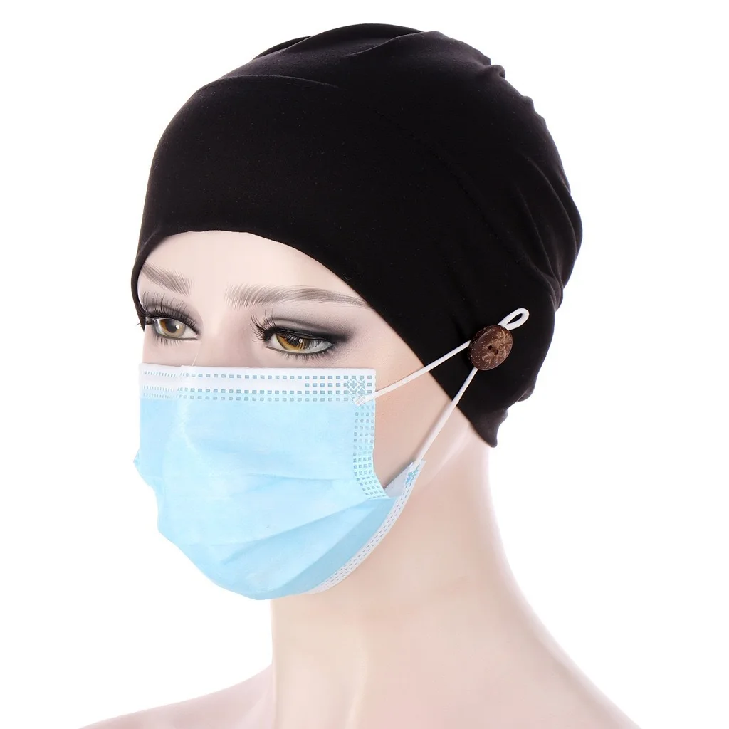 

Hotsale Muslim Women Candy Solid Color Turban Side Button for Mask Hanging Head Wrap For Cancer Patients Bonnets For Women