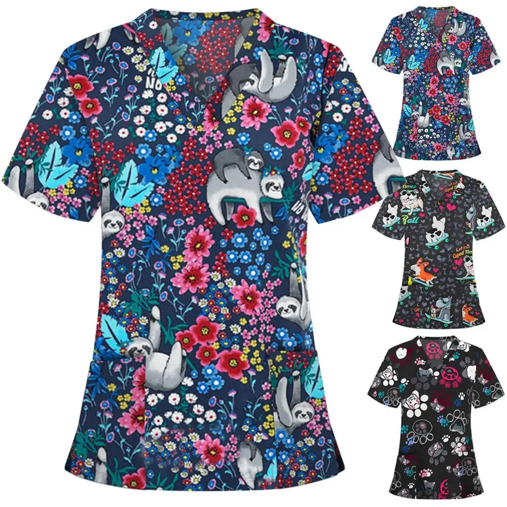 

Women Cute Animal Print Nursing Scrubs Tops Shirt Casual Short Sleeve Scrubs Uniforms Nurse Blouse V-neck Pocket Women Clothes