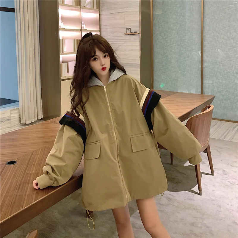 

Women 2020 Autumn Winter Korean Fashion Jackets Patchwork Retro Long Windbreaker Baseball Coat Loose Casual Oversized Coats