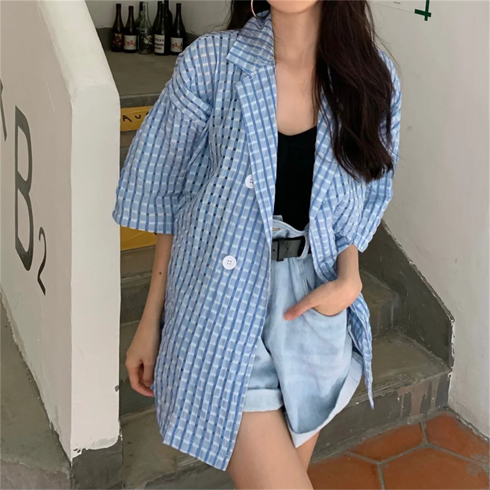 

Рубашка HziriP в клетку женская, Тонкая Блузка оверсайз с коротким рукавом, свободная Стильная Офисная блузка в ретро стиле, лето 2021