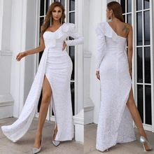 Senhoras da moda Festa Sexy Lantejoulas Um Ombro Ruffled Side Slit As Costas Abertas Branco Longo Vestido de Saia Longa платье на выпускной (3)