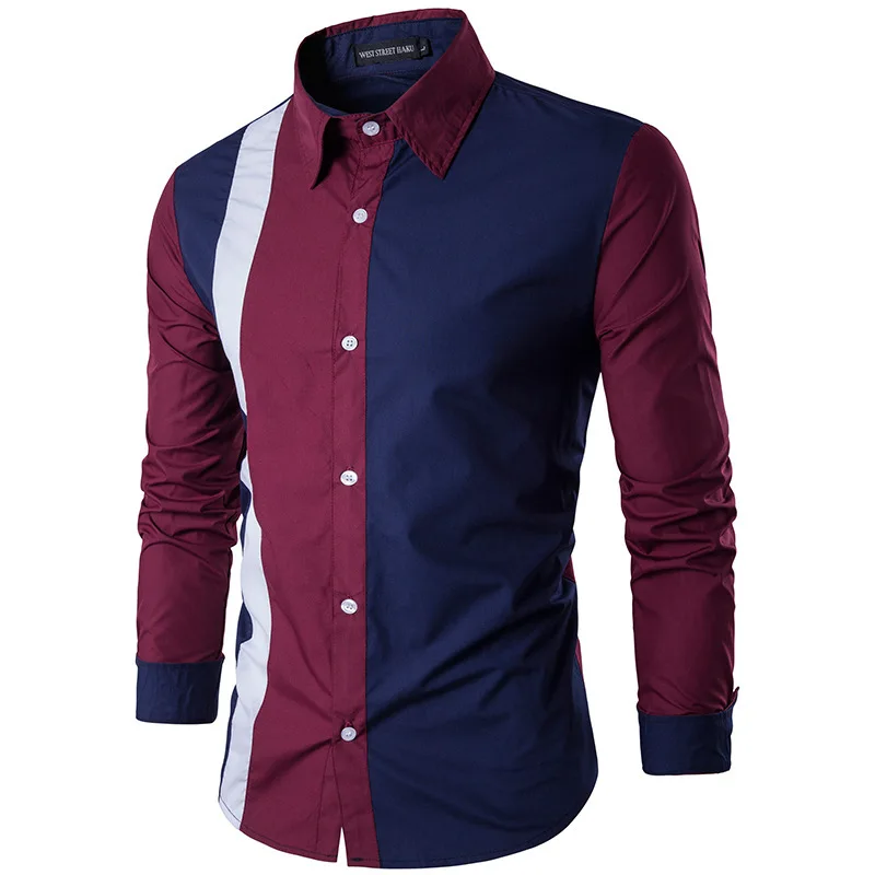 

Plus Size 3XL White/Red/Navy Patchwork Men's Shirt Korean Fashion Slim Fit Long Sleeve Shirts Mens Work Casual Clothing