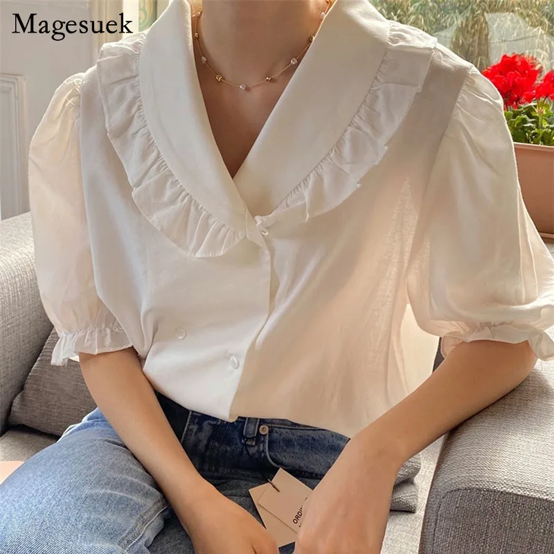 

Korean Chic Turn-down Collar Women Blouses Puff Short Sleeve Sweet Shirt Elegant Ladies Ruffled White Woman Tops Blusas 14364