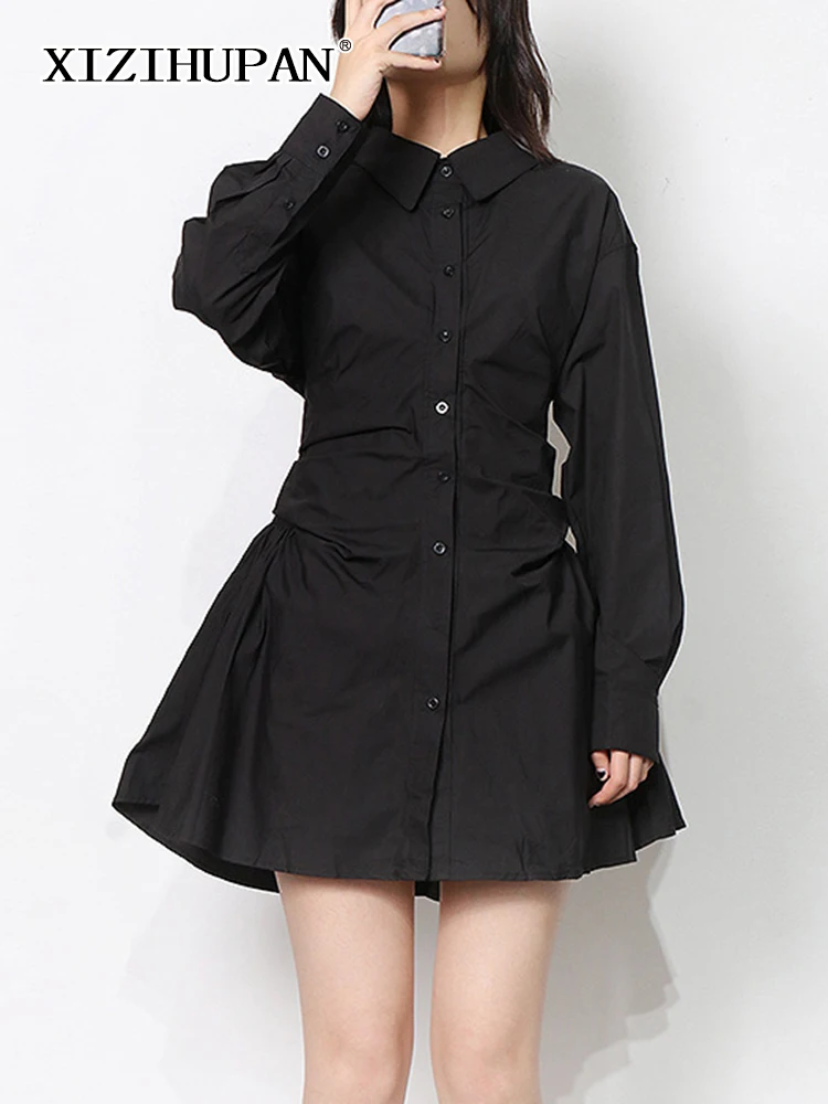 

Повседневное белое свободное платье XIZIHUPAN для женщин, облегающие плиссированные мини-платья а-силуэта с отложным воротником и длинным рукавом, женская осенняя одежда 2022