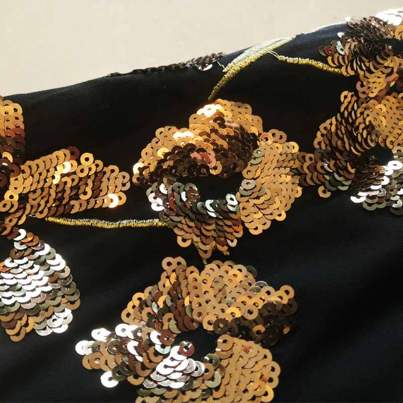 

SEQINYY Black Elegant Dress Summer Spring New Fashion Design Women Runway Golden Sequined Embroidery Pleated Midi