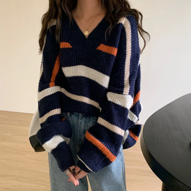 

Женский полосатый свитер с V-образным вырезом, повседневный свободный трикотажный джемпер в японском стиле, летний топ с длинным рукавом в с...