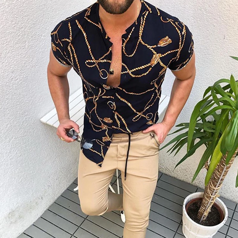 

Classic Men Loose XXXL T-shirt 2021 Summer Male Turn-Down Collar Casual Tops Button Design Gentleman Printing Short Sleeve Tees