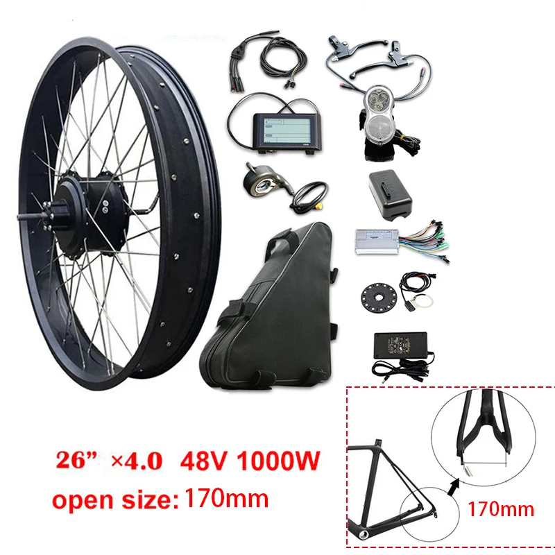 26inch 1000W 170mm Высокая Скорость 48V 1000W задний мотор для центрального движения комплект для переоборудования электрического велосипеда Байк, способный преодолевать Броды комплект с толстыми покрышками 2" 26" 4,0 мотор, фара для электровелосипеда в бесплатно - Цвет: 26inch 1000W 170mm