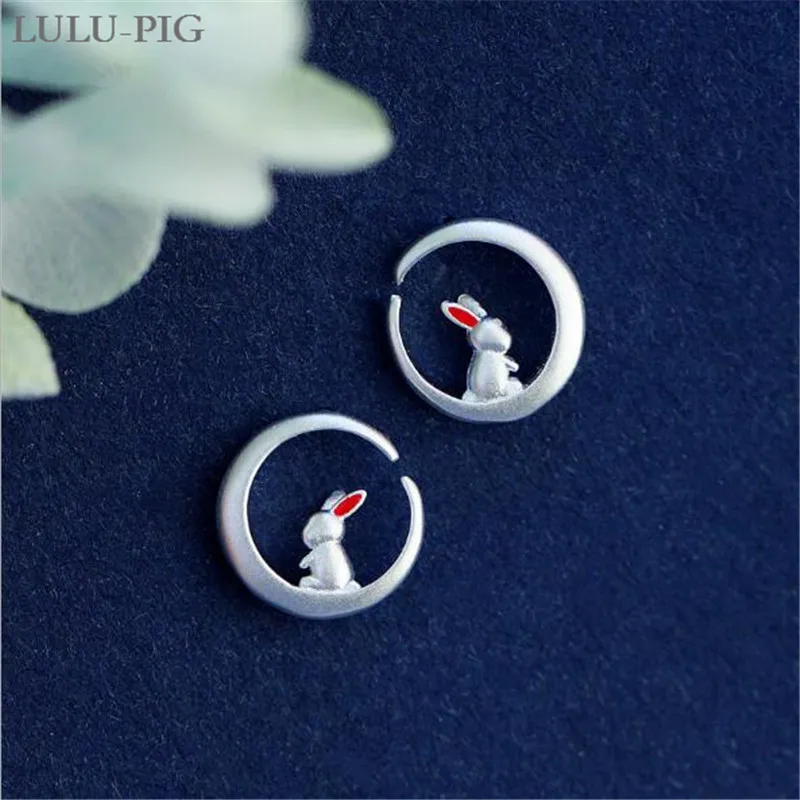 Серьги LULU-PIG Новинка 925 серебро луна кролик свежие милые маленькие белые кролики