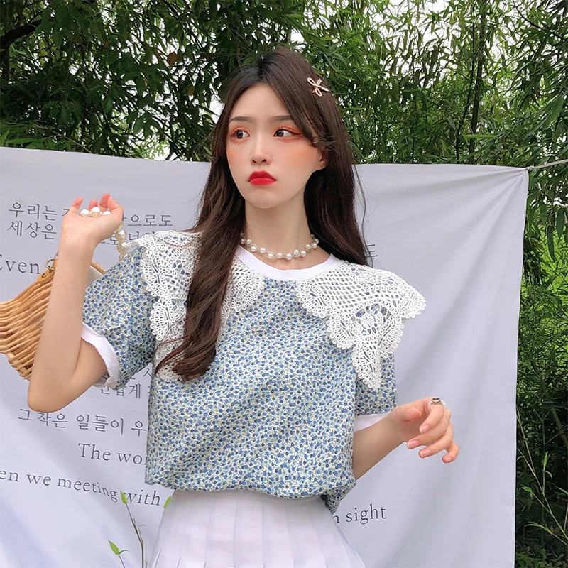 

Female Summer Korean Clothes New Sweet Style Fashion Loose Women's Clothing T-Shirts Patchwork O-neck Print Tees Ladies Tops