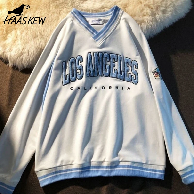 

HAASKEW Retro embroidered sweatshirt harajuku v-neck 2021 autumn plus size hoodies style loose lovers letter long-sleeved shirt