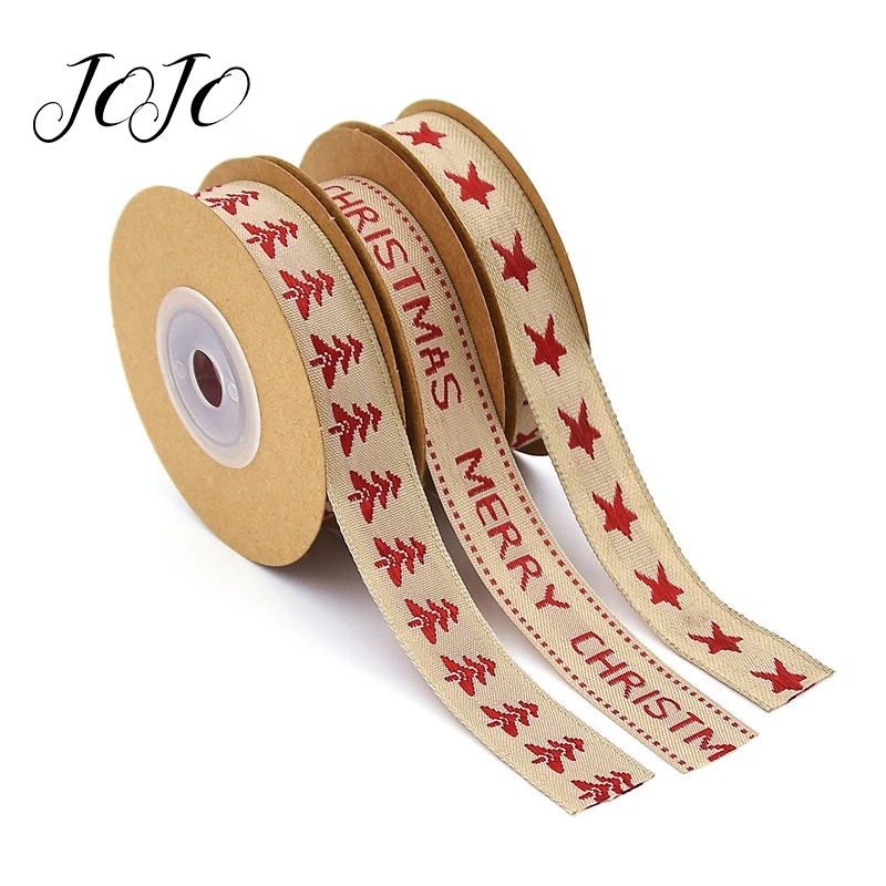 

JOJO BOWS 15mm 5y Christmas Cotton Hemp Ribbon For Craft Christmas Tree Pentagram Printed Tape For Needlework DIY Bows Supplies