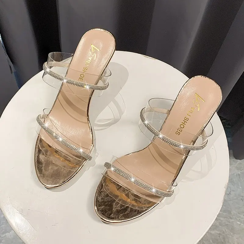 

Transparent High Heels Women Slippers Summer Shoes Celebrity Wearing Simple PVC Clear Strappy Bling Slippers 8CM Heels Sandals