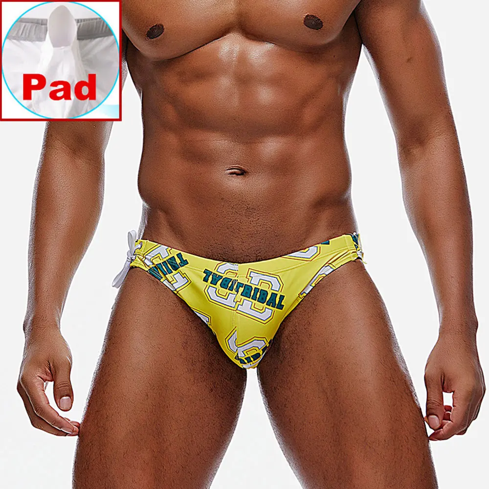 Sexy Side Tie Swimwear Men Bulge Swimsuits Swim Boxer Briefs Trunks Pad Inside Pouch Surf Shorts Push Up Underwear Board Beach