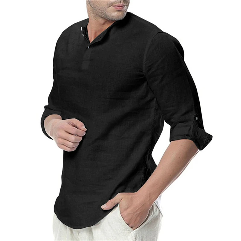 

Рубашка мужская с длинным рукавом, хлопок и лен, Повседневная дышащая удобная блуза, модная Стильная однотонная свободная сорочка