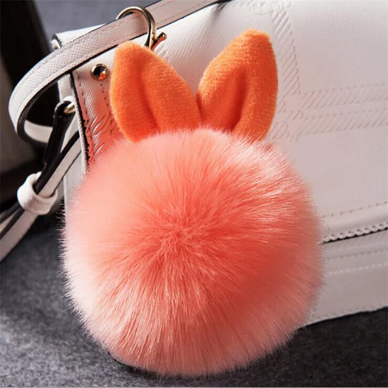 Fluffy Toys Ear Keychain Accessories Rabbit Key Pendant Fur Woman Bag Charms Keyring Pom Car Pompom Holder Gifts | Украшения и