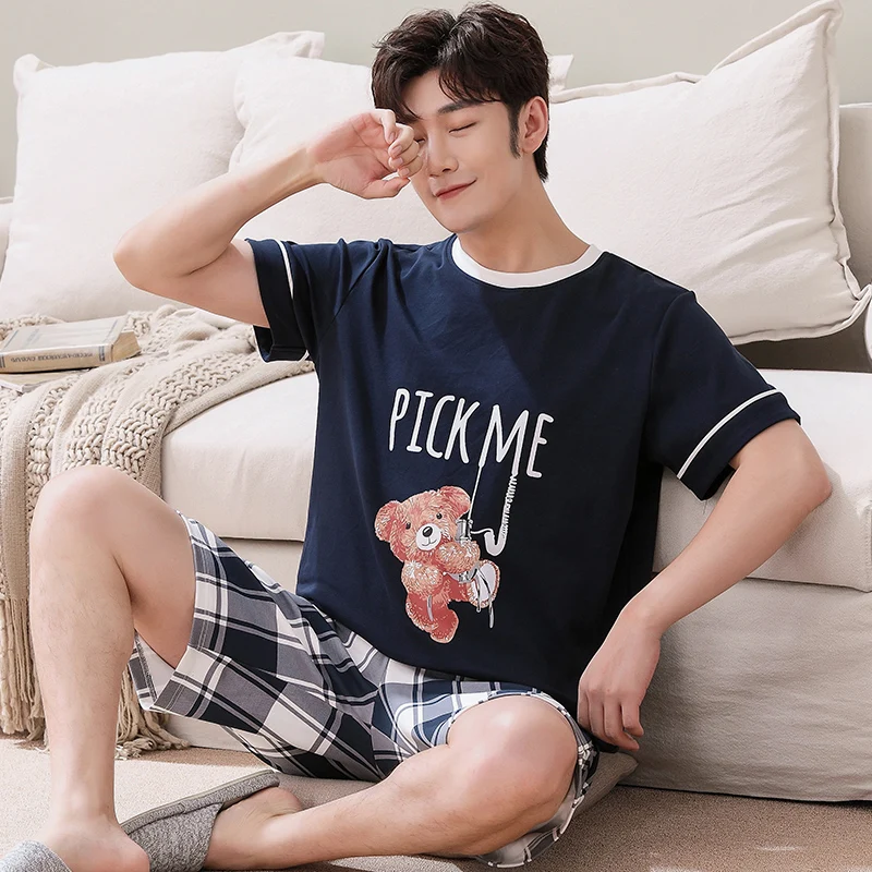 

Casual Fashion Round Neck White Side Men's Home Wear Pajamas Short-sleeved Summer Plaid Pants Men's Cotton Cute Bear Sleepwear