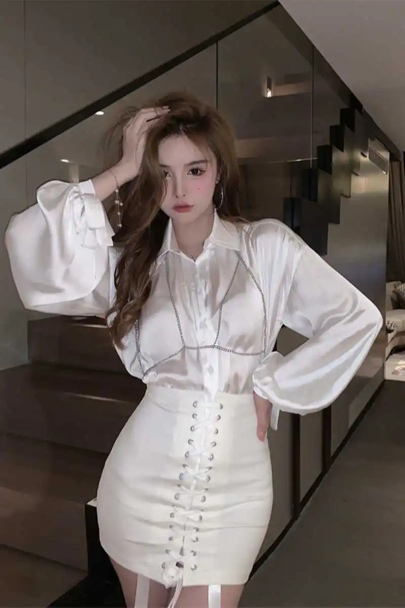 

2021 Women Sexy Two Piece Crop Skirts Top And Skirt Set white Korean Gothic new style Kawaii Sweet Student outfit clothes