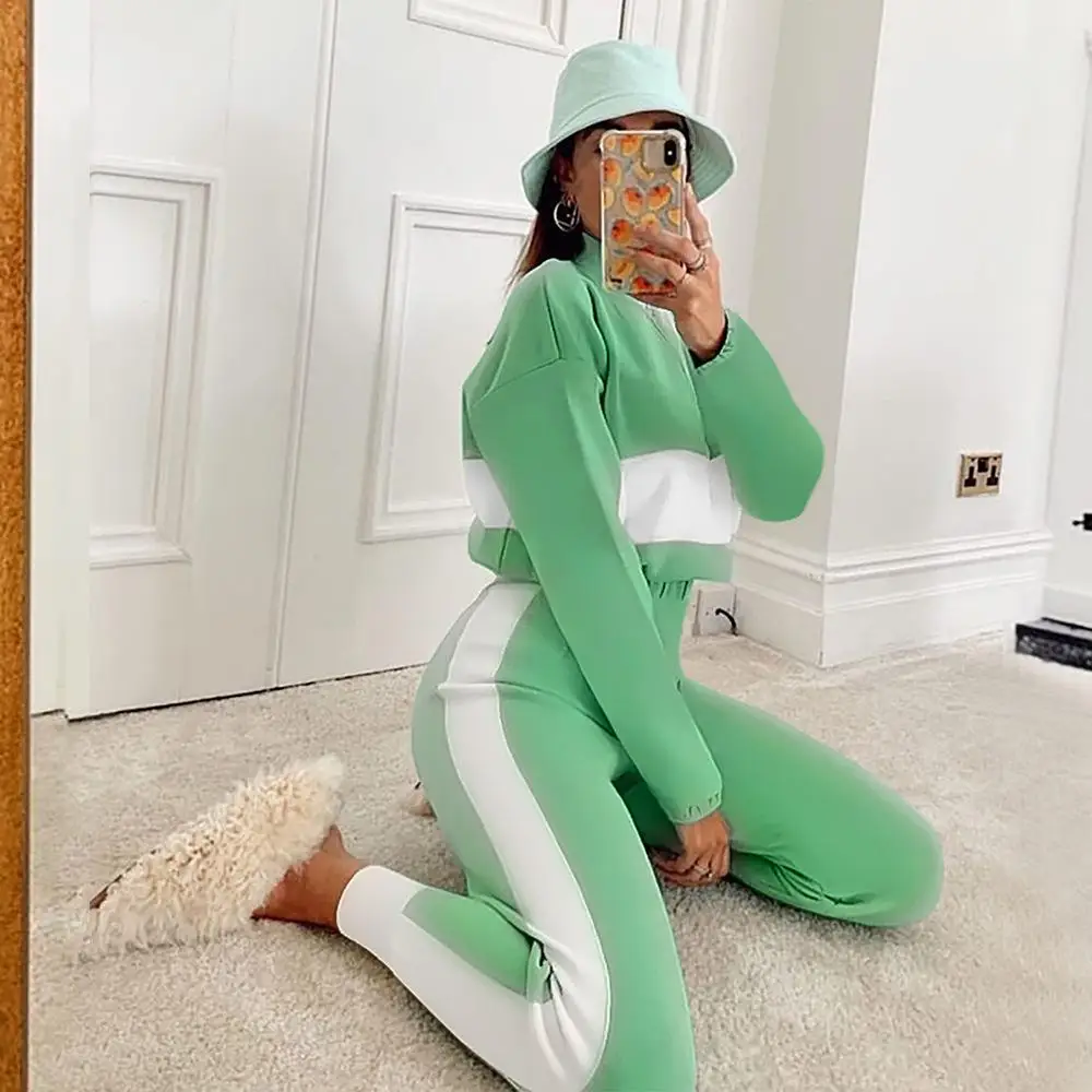 

VS&LLWQ Stitching Sports Suit Women Tracksuits Zipper Crop Top Sweatshirt 2 Piece Sport Set Long Sleeve High Waist lounge wear