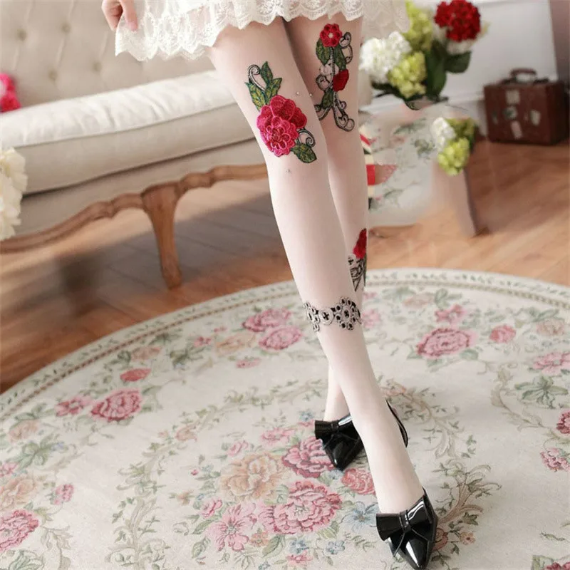 Women Pantyhose Nylon Tights 2023 Winter Warm Stockings Handmade Embroidery With Red Flowers Korean Style Gilrs Long Thick Socks