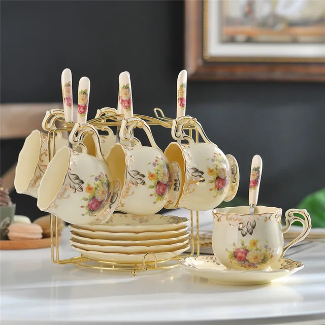 6 CUPS Yolife керамические чашки и блюдца костяной фарфор слоновая кость кофейная чашка набор Британский послеобеденный черный чайный набор фарфоровая чайная чашка с ложкой - Цвет: 6 CUPS