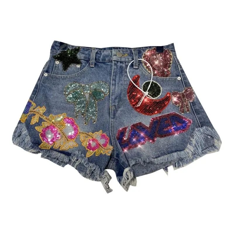 

Fashion New Embroidery Design Straight Shorts Sequins Letter Burrs Zippers Korean Style Denim Shorts High Quality Casual Shorts