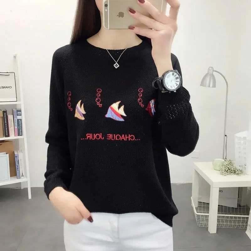 

Women Printed Spring 2021 Knitted Sweater Pullover Tops Thin Long Sleeve O-Neck Hollow Out Jumpers Female Fish Printed Tops