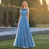 gorgeous pale blue prom party dresses long jewel neckline wedding guest gowns sleeveless party gowns back out beading 2021