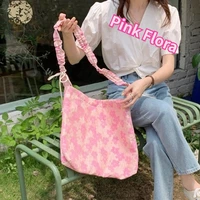 cute girly pink pleated shoulder strap tote handbags ladies flower summer large shoulder bags vintage floral women crossbody bag