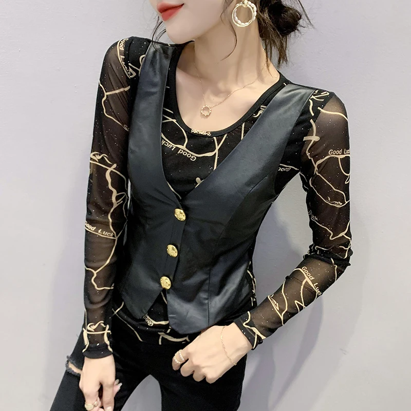 

2021 Autumn Women's Tops Fashion Fake Two-Piece PU Leather Vest Elegant Slim Long Sleeve Women Shirt