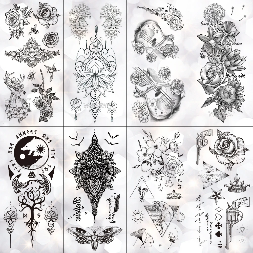 

Minimal Line Rose Cornflower Waterproof Temporary Tattoo Sticker Totem Cello Flash Tattoos Body Art Fake Arm tatoo Women