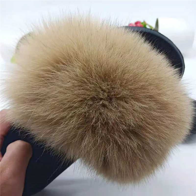 Fur Slippers Women Fox Home Fluffy Sliders Comfort With Feathers Furry Summer Flats Sweet Ladies Shoes Size 45 Home Real fox fur - Цвет: Khaki