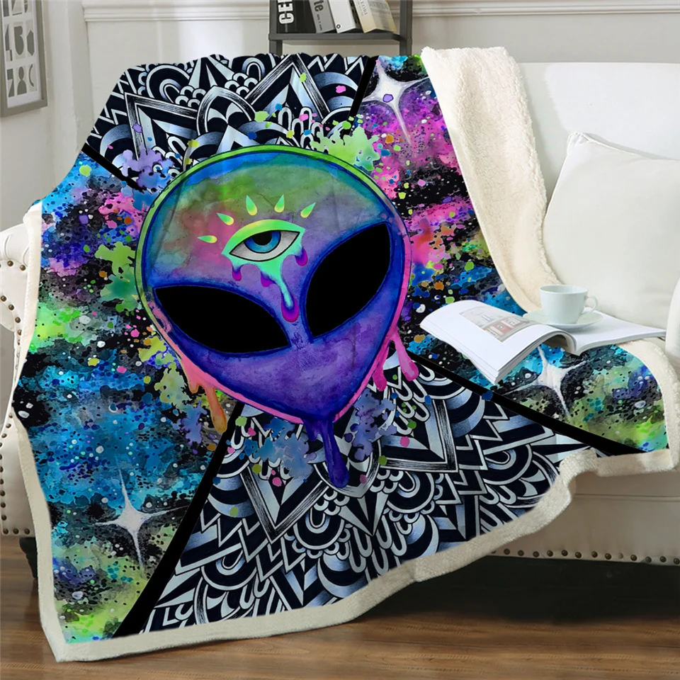 Trippy Alien by Brizbazaar Sherpa Blanket Watercolor Throw Blanket The Third Eye Custom Blanket Mandala Saucerman Mantas De Cama