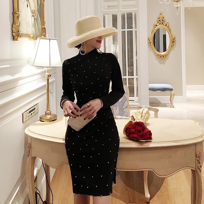 Осеннее винтажное платье размера плюс женское черное чонсам зимнее с запахом