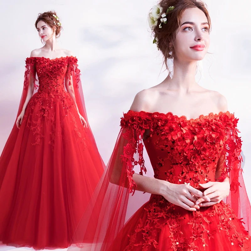 

Fashion New Style Rose Red mesh Veil Long Sleeve Party Evening Dresses for Women