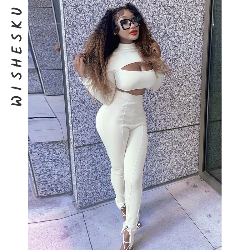

Women Two Piece Set Sexy Turtleneck Cut Out Long Sleeve Tshirt +High Waist Skinny Split Pencil Pants 2021 Autumn Tracksuits