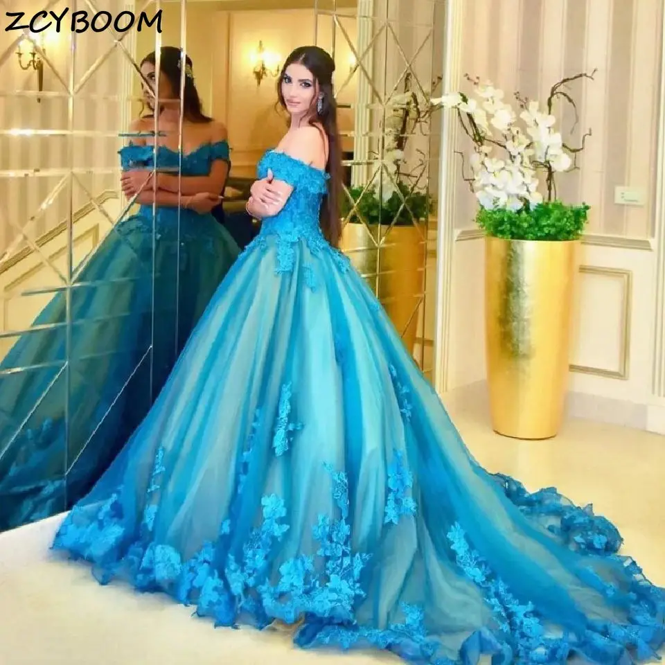 Женское вечернее платье с открытыми плечами, бальное платье синего цвета с фатиновой аппликацией, милое платье для выпускного вечера, 18 цве...
