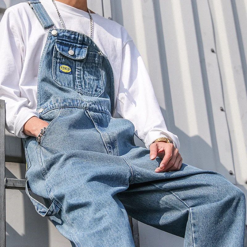Men's Denim Bib Overalls Fashion Pocket Jumpsuit Men Loose Jeans Suspender Pants Hip Hop Straight Leg Trousers Black Grey Blue