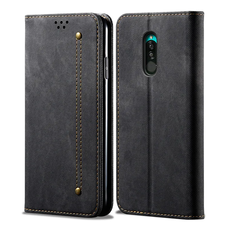 Black Чехол-книжка в стиле ретро для Xiaomi Redmi 8 Redmi 8A, чехол из джинсовой ткани с подставкой и бумажником, задняя крышка для Redmi 7 7A, Fundas - Цвет: Black